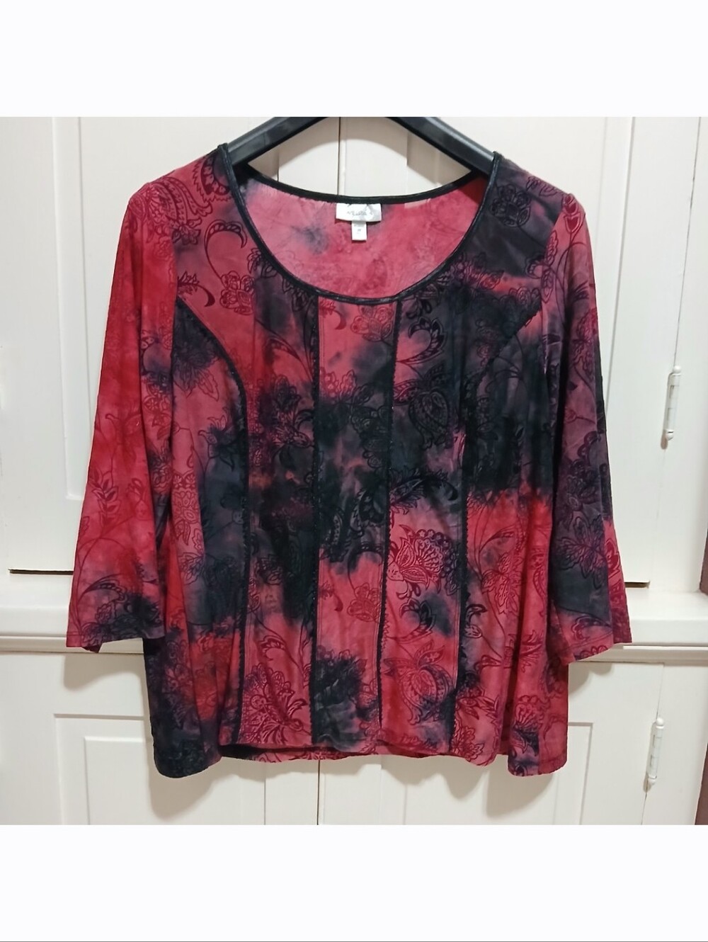 Dressbarn Size 2X Red Black Flower Floral Boho 3/4 Sleeves Blouse Top